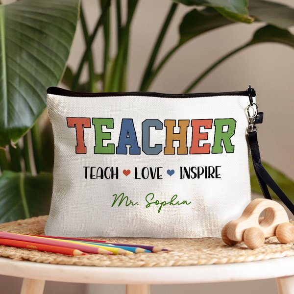 Personalised Teacher Theme Design Portable Makeup Bag with Text and Wrist Strap Daily School Essential Birthday Gift for Women Teacher