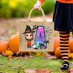 Personalized Cute Cartoon Witch Vampire Skeleton Jute Tote Bag with Name and Initial Trick or Treat Halloween Party Spooky Season Gift for Boys Girls