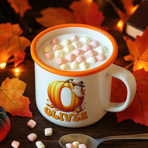 Personalized Halloween Ghost Pumpkin Initial Kid 12 oz Colorful Rim Enamel Mug with Name Halloween Birthday Back to School Gift for Boys Girls