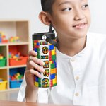 Personalized Colorful Building Block Name Insulated Water Bottle with Folding Straw and Handle Birthday Back to School Gift for Kids