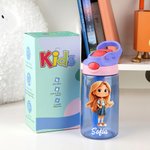 Botella personalizada de 475 ml con personaje de dibujo animado y nombre pajita de silicona y tapa regalo de cumpleaños o vuelta al cole para niños