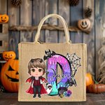 Personalized Cute Cartoon Witch Vampire Skeleton Jute Tote Bag with Name and Initial Trick or Treat Halloween Party Spooky Season Gift for Boys Girls