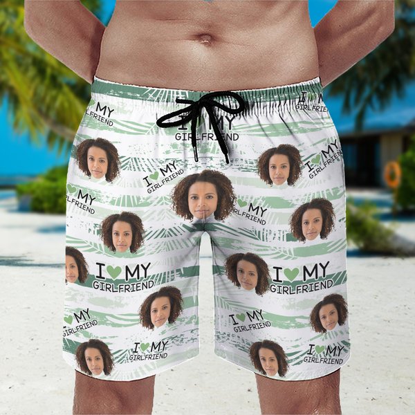 Personalized I Love My Wife Photo Swim Trunks Beach Shorts with Mesh Brief Holiday Birthday Gift for Husband Boyfriend