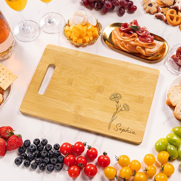 Personalized Engraved Line Birth Flower Bamboo Charcuterie Cutting Board with Handle Housewarming Thanksgiving Gift for Cooking Lover Family Friends