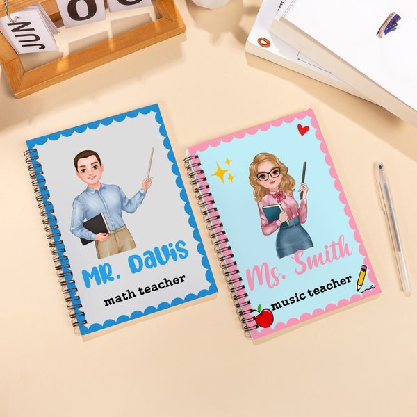 Personalized Multicolour Cartoon Teacher Wavy Edge A5 Spiral Notebook with 120 Lined Pages and Text Teacher's Day Appreciation Gift for Teachers