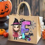 Personalized Cute Cartoon Witch Vampire Skeleton Jute Tote Bag with Name and Initial Trick or Treat Halloween Party Spooky Season Gift for Boys Girls