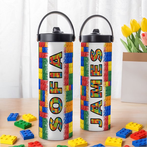 Personalised Colourful Building Block Name Insulated Water Bottle with Folding Straw and Handle Birthday Back to School Gift for Kids