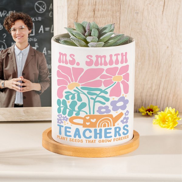 Gepersonaliseerde Bloemmotief Keramische Plantenbak met Tekst en Bamboe Base Home Decor Lerarendag Terug naar School Cadeau voor Leraar