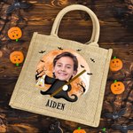 Personalized Face Photo Halloween Costume Jute Tote Bag with Name Trick or Treat Activity Halloween Holiday Gift for Boys Girls
