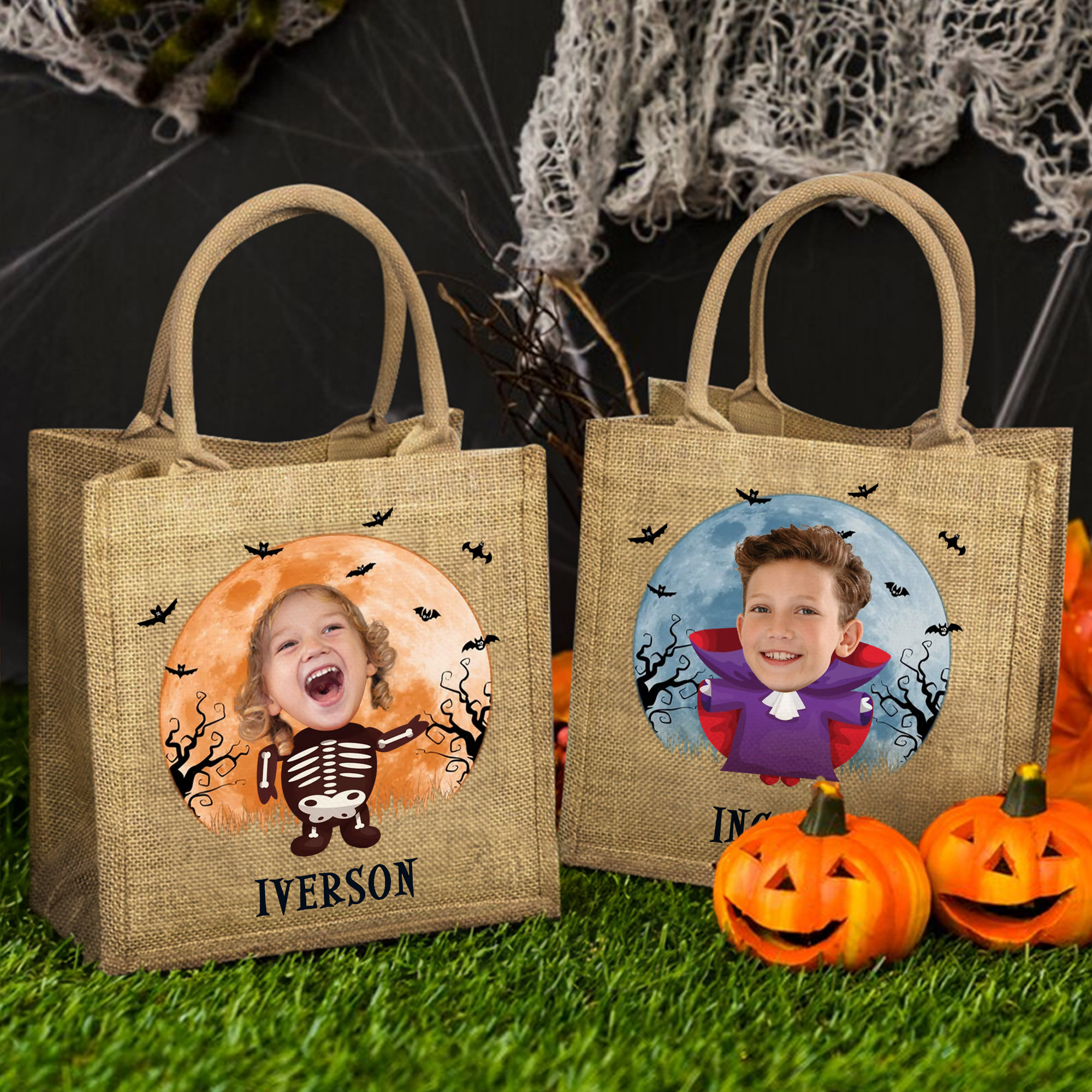 Photo de visage personnalisée Halloween Costume Sac fourre-tout en toile de jute avec nom Activité Halloween Cadeau de vacances pour garçons filles