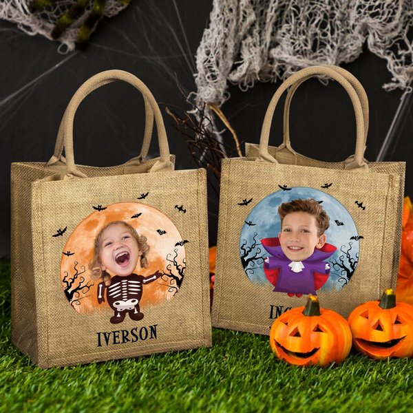 Foto personalizzata del volto Costume di Halloween Borsa di iuta con nome Dolcetto o scherzetto Attività Regalo di Halloween per bambini e bambine