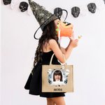 Personalized Face Photo Halloween Costume Jute Tote Bag with Name Trick or Treat Activity Halloween Holiday Gift for Boys Girls