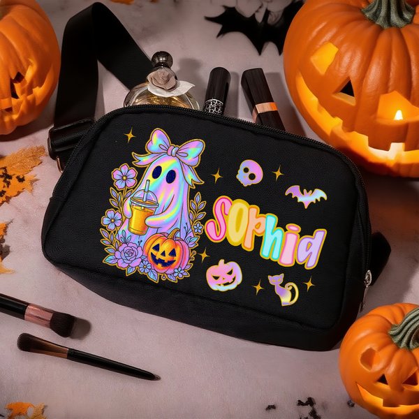 Personalized Cute Dazzling Neon Ghost Waterproof Crossbody Fanny Pack Waist Bag with Adjustable Strap Birthday Halloween Gift for Women Girls
