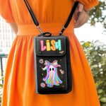 Personalized Cute Dazzling Neon Ghost PU Leather Crossbody Bag Wallet with Name and Card Slots Birthday Halloween Gift for Women Girls