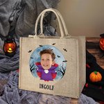 Personalized Face Photo Halloween Costume Jute Tote Bag with Name Trick or Treat Activity Halloween Holiday Gift for Boys Girls