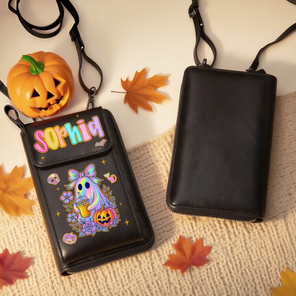 Personifierad söt bländande Neon Ghost PU läder Crossbody Bag Plånbok med namn och kortplatser Födelsedag Halloween Present till kvinnor Flickor