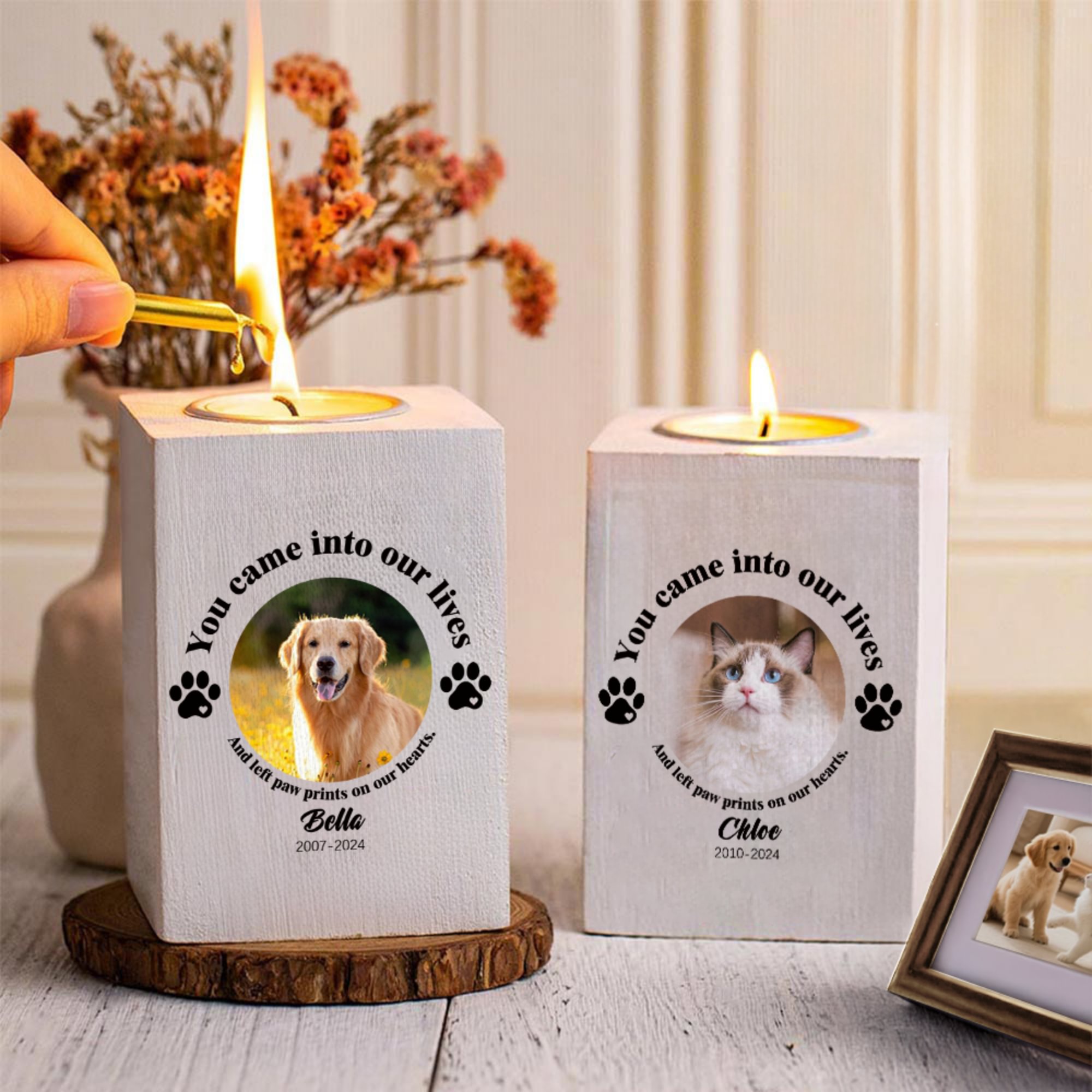 Bougeoir en bois personnalisé pour chien, chat, patte, photo d'animal de compagnie avec nom Cadeau commémoratif en cas de perte d'un animal de compagnie