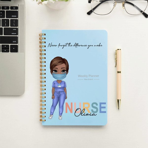 Personalised Cartoon Doctor Nurse Character Weekly Planner Spiral A5 Notebook with Name and Title Nurse Week Appreciation Gift for Medical Staff