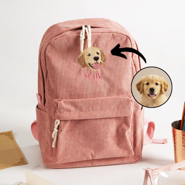 Sac à dos personnalisé en velours côtelé avec photo de l'animal de compagnie et nom Cadeau d'anniversaire pour les enfants qui aiment les animaux de compagnie