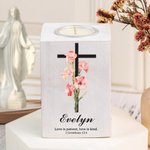 Personalized Birth Flower Cross Bible Verse Wooden Candle Holder with Name Birthday Baptism Gift for Christians