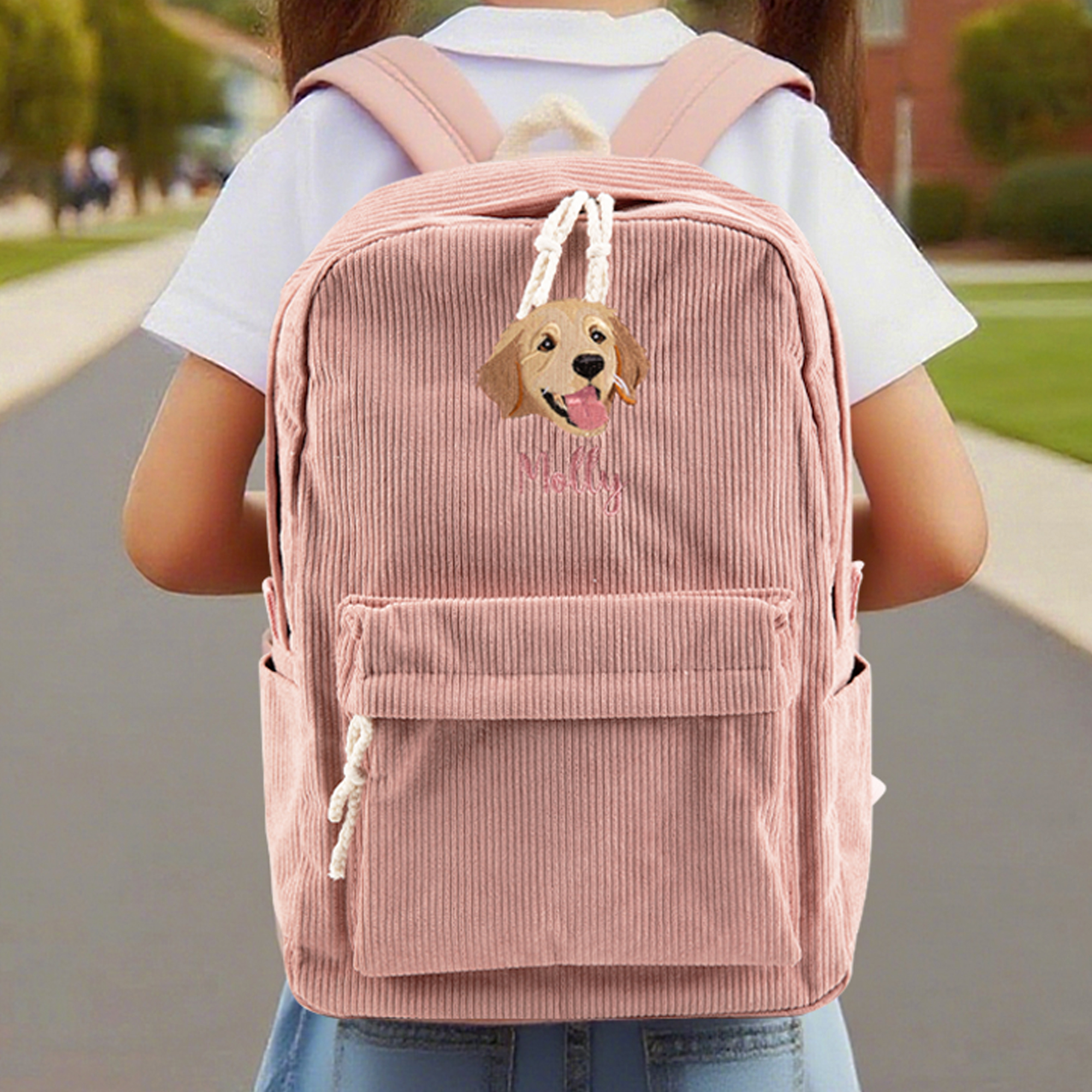 Sac à dos personnalisé en velours côtelé avec photo de l'animal de compagnie et nom Cadeau d'anniversaire pour les enfants qui aiment les animaux de compagnie