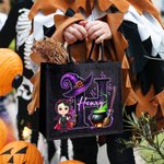 Personalized Magic Cartoon Witch Vampire Character Black Linen Tote Bag with Initial and Name Halloween Party Gift for Boys Girls