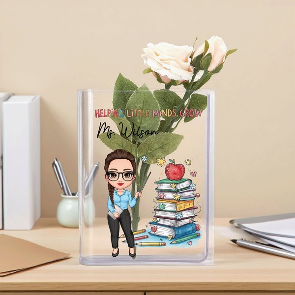 Personalizzato Cartoon Character Clear Acrylic Book Vase con testo Bookshelf Room Decor Compleanno Festa dell'insegnante Regalo di apprezzamento per gli insegnanti