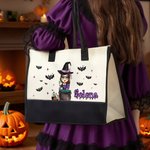 Personalized Cartoon Witch Trick or Treat Reusable Tote Bag with Name Halloween Party Spooky Season Anniversary Gift for Women Girls