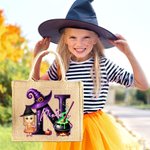 Personalised Halloween Witch Hat Initial Cartoon Character Large Jute Tote Bag with Name Travel Halloween Travel Birthday Gift for Women Kids