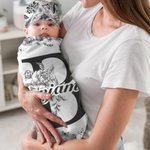 Personalised Toile De Jouy Style Initial Swaddle Blanket and Knot Hat Set with Name Baby Shower Birthday Gift for Newborns Babies