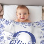 Personalised Toile De Jouy Style Initial Swaddle Blanket and Knot Hat Set with Name Baby Shower Birthday Gift for Newborns Babies