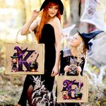 Personalised Halloween Witch Hat Initial Cartoon Character Large Jute Tote Bag with Name Travel Halloween Travel Birthday Gift for Women Kids