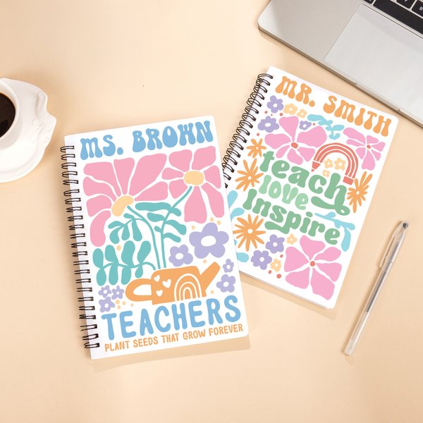 Personalized Boho Watercolour Floral Pencil Apple A5 Lined Spiral Notebook with 120 Pages Teacher's Day Appreciation Back to School Gift for Teachers