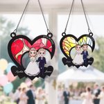 Personalized Cartoon Bride and Groom Heart Shape Window Hanging Suncatcher with Names and Date Home Decor Wedding Anniversary Gift for Newlyweds
