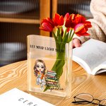 Personalised Floral Book Cartoon Reading Character Clear Acrylic Book Vase with Name Title Birthday Graduation Gift for Book Lover