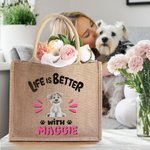 Personalized Life Is Better 1-3 Cartoon Pet Dogs Jute Tote Bag with Name Travel Accessory Birthday Gift for Dog Owners