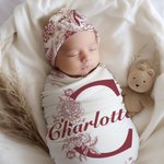 Personalised Toile De Jouy Style Initial Swaddle Blanket and Knot Hat Set with Name Baby Shower Birthday Gift for Newborns Babies