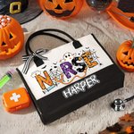 Personalized Nurse Pumpkin Bat Ghost Halloween Large Canvas Tote Bag with Name Birthday Halloween Gift for Halloween Lovers