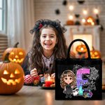 Gepersonaliseerde Cartoon Karakter Doodle Letter Zwart Linnen Draagtas met Naam Halloween Feest Cadeau voor Jongens Meisjes