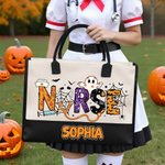 Personalized Nurse Pumpkin Bat Ghost Halloween Large Canvas Tote Bag with Name Birthday Halloween Gift for Halloween Lovers