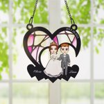 Personalized Cartoon Bride and Groom Heart Shape Window Hanging Suncatcher with Names and Date Home Decor Wedding Anniversary Gift for Newlyweds