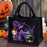 Personalized Magic Cartoon Witch Vampire Character Black Linen Tote Bag with Initial and Name Halloween Party Gift for Boys Girls