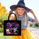 Personalized Magic Cartoon Witch Vampire Character Black Linen Tote Bag with Initial and Name Halloween Party Gift for Boys Girls