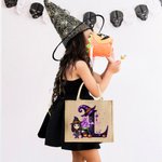 Personalised Halloween Witch Hat Initial Cartoon Character Large Jute Tote Bag with Name Travel Halloween Travel Birthday Gift for Women Kids