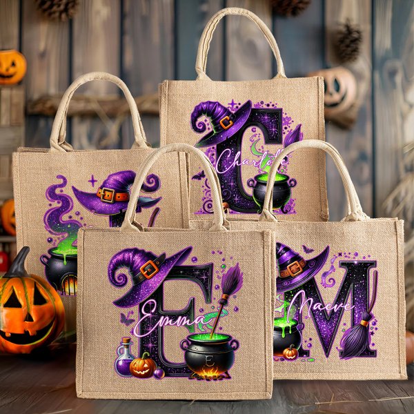 Chapeau de sorcière personnalisé Grand sac en toile de jute avec nom Voyage Halloween Cadeau d'anniversaire pour les femmes Enfants
