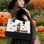 Personalized Cartoon Witch Trick or Treat Reusable Tote Bag with Name Halloween Party Spooky Season Anniversary Gift for Women Girls