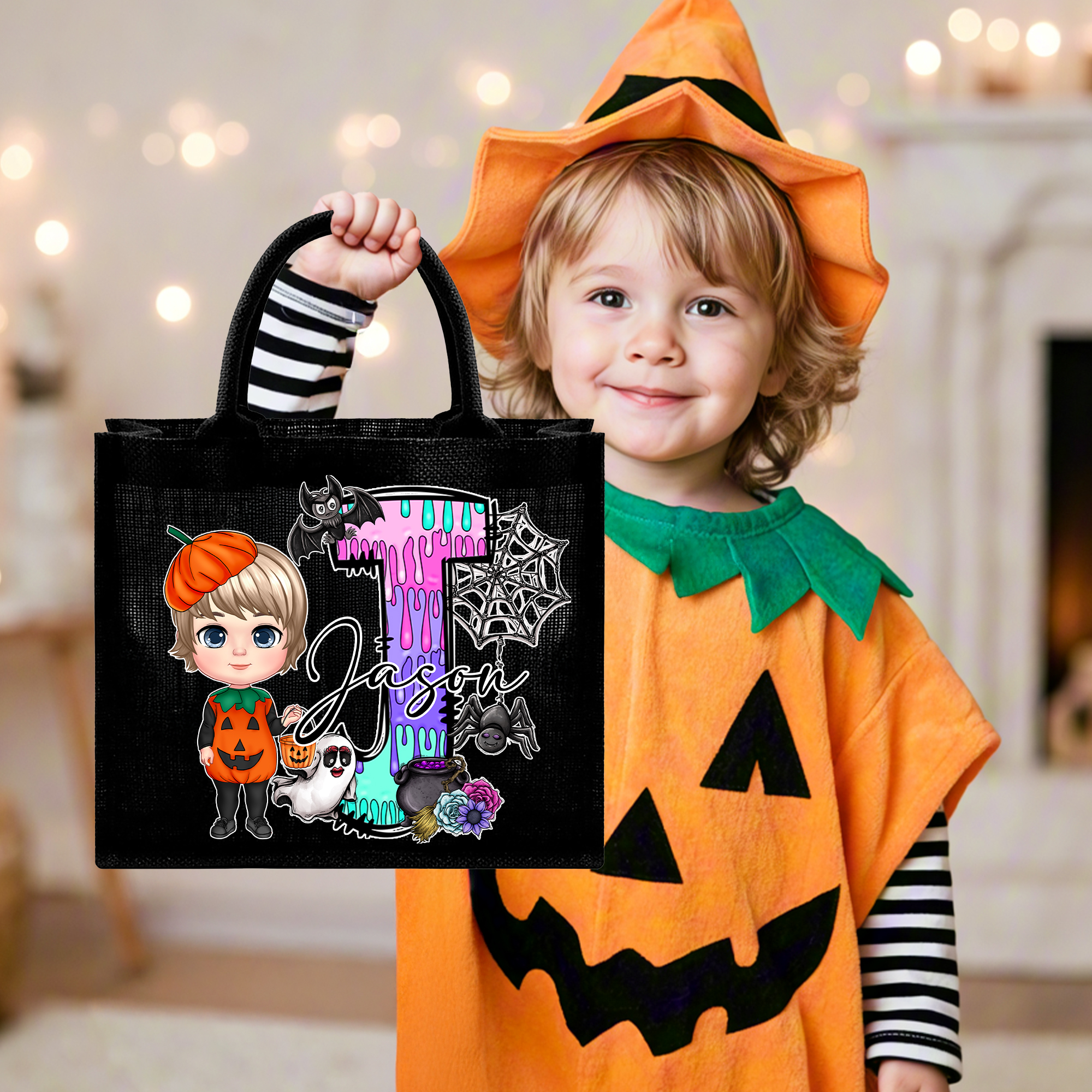 Personnalisé Cartoon Character Doodle Letter Black Linen Tote Bag with Name Halloween Party Gift for Boys Girls