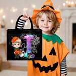 Gepersonaliseerde Cartoon Karakter Doodle Letter Zwart Linnen Draagtas met Naam Halloween Feest Cadeau voor Jongens Meisjes