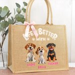 Personalized Life Is Better 1-3 Cartoon Pet Dogs Jute Tote Bag with Name Travel Accessory Birthday Gift for Dog Owners