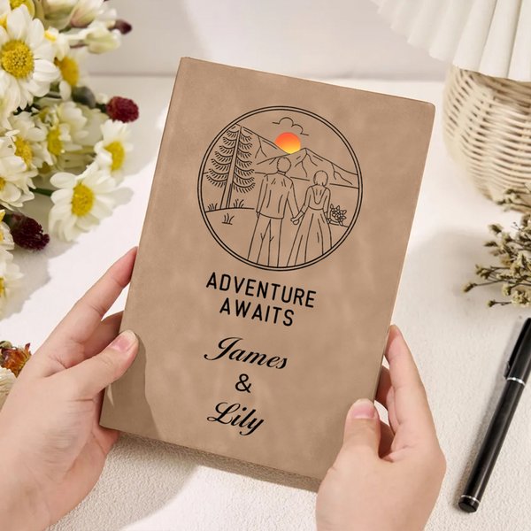 Personalized Cartoon Character Adventure Awaits A5 Leather Travel Journal Notebook with Name Anniversary Birthday Gift for Couple